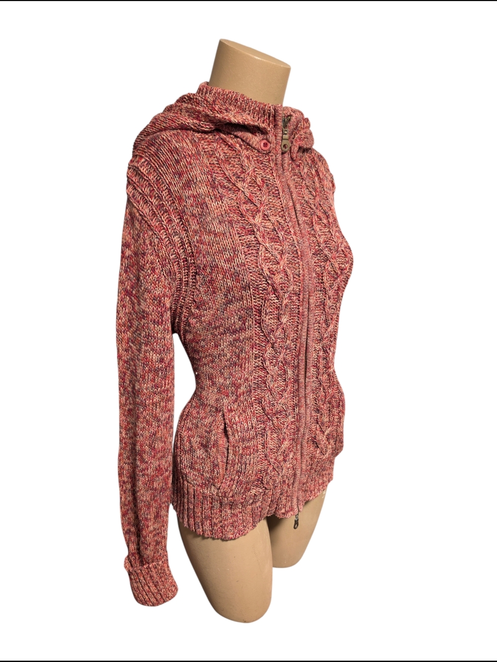 Sonoma Women’s Hooded Cable Knit Zip Sweater With Hood & Pockets!! - Red Mix